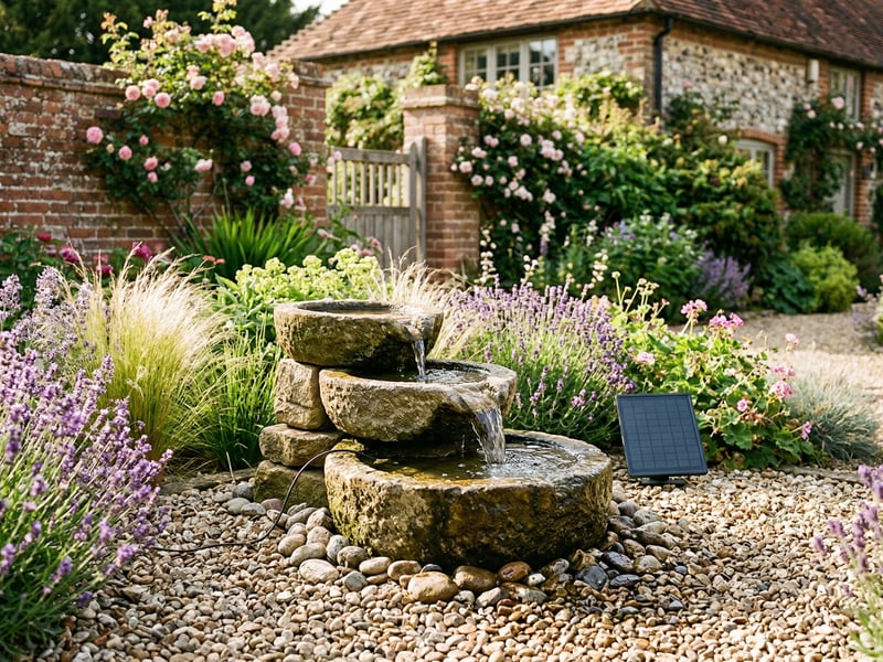 Self-contained solar water feature on a small urban London garden patio with brick wall and climbing ivy