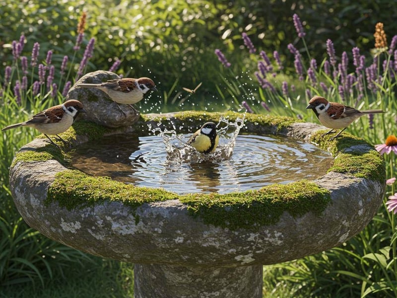 Sparrows bathing in a moss-covered stone birdbath in a summer UK garden