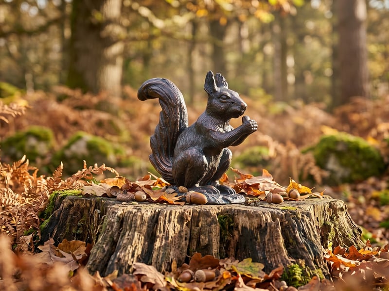 Hand-finished metal red squirrel garden ornament on a tree stump at the woodland edge of a garden in autumn with fallen leaves