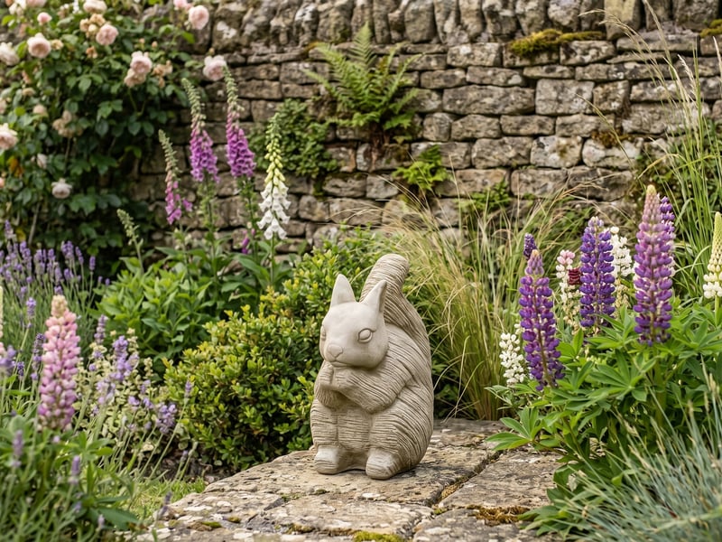 Tall cast stone rustic squirrel garden ornament with carved wood texture in a deep herbaceous border with lupins and a dry stone wall