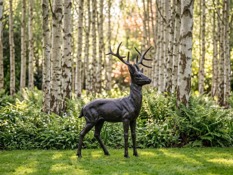 Dark bronze stag garden ornament with full antlers standing in a clearing among silver birch trees in a UK woodland garden
