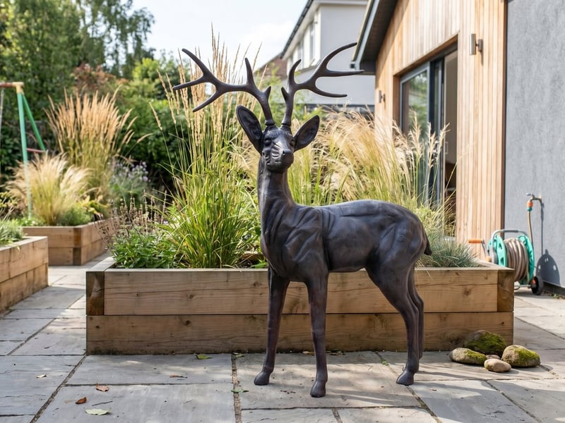 Tall dark bronze extra large stag buck garden statue with full antlers standing on a paved suburban patio beside timber planters