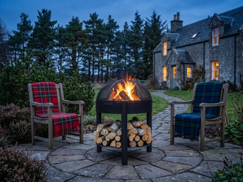 Cook King Montana 80cm high steel fire bowl lit at blue hour in a Scottish garden with tartan blankets on chairs