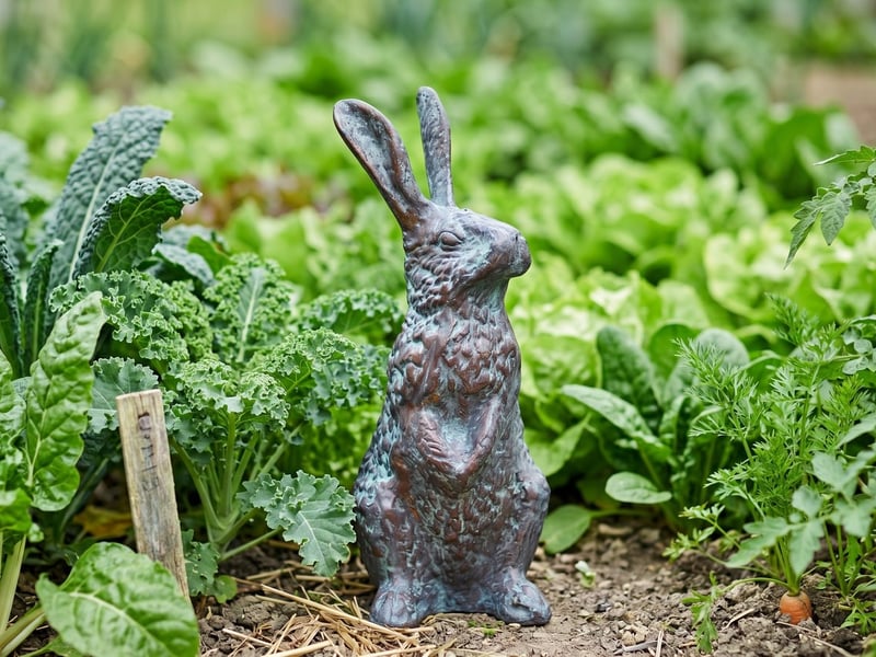 Aged-bronze standing metal rabbit garden ornament reared up at the edge of a productive vegetable garden border