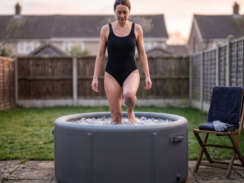 A woman stepping calmly into an inflatable ice bath in a UK suburban garden at dawn