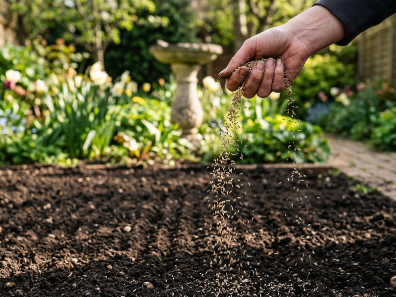 Hand scattering grass seed across freshly prepared soil in a UK garden