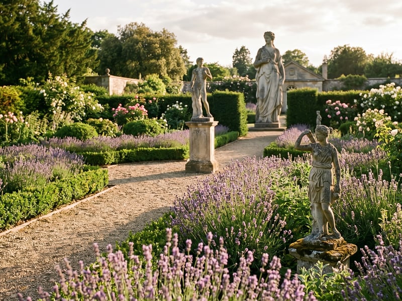 Formal English country garden showing three classical stone statues arranged in receding scale &mdash; small statue in foreground border, medium on a plinth at mid-distance, large draped maiden as focal point at the far end of a gravel path