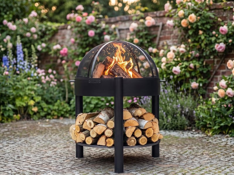 Tall steel Cook King Montana fire pit on a stand with a mesh spark screen dome lit in an evening cottage garden