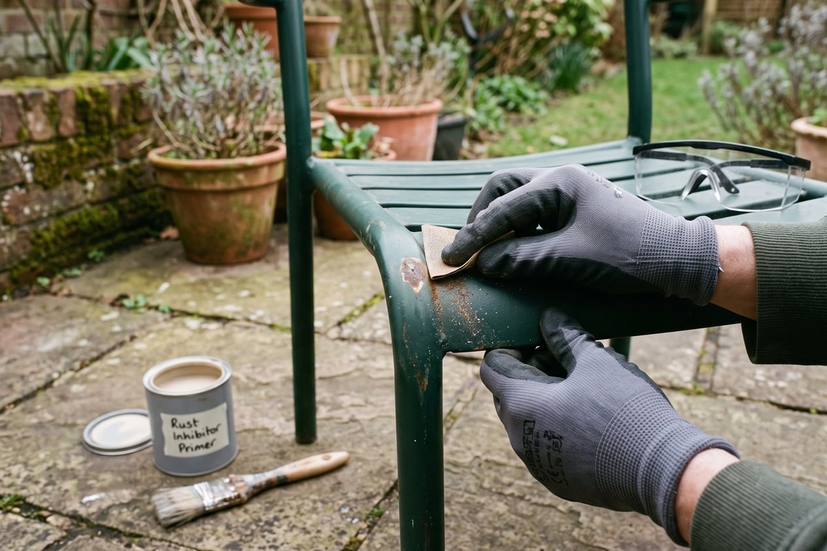 Sanding a small rust spot on steel garden furniture before priming