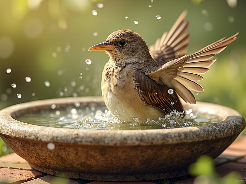 Song thrush bathing in a pedestal stone bird bath