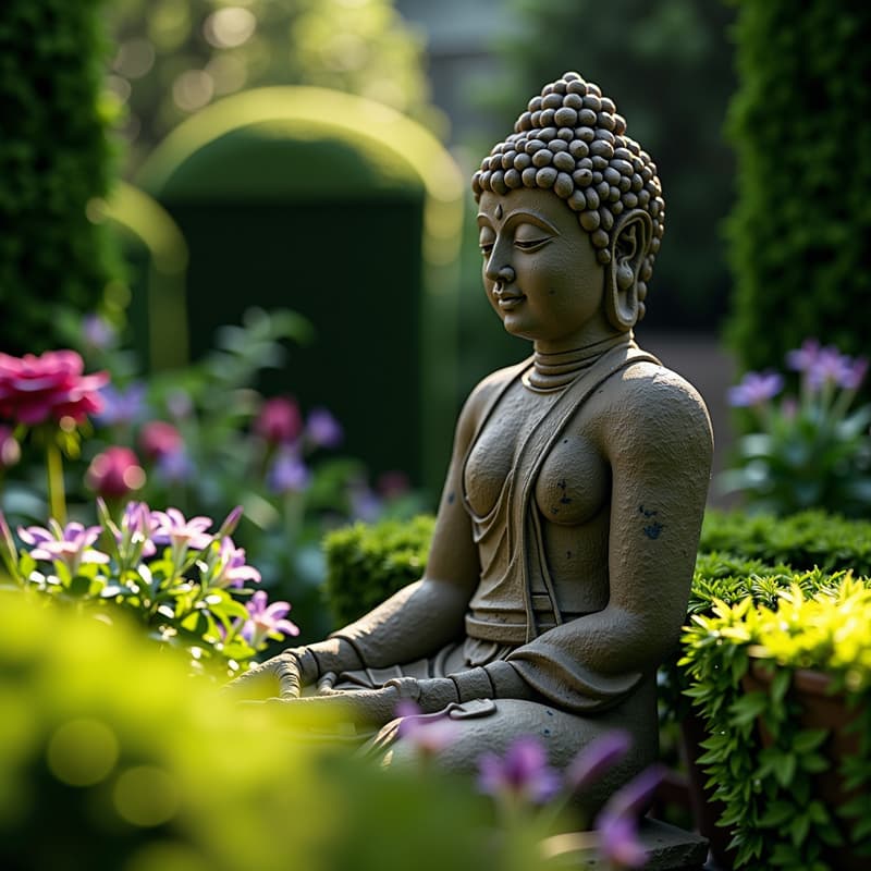 Stone garden statue showing natural aged patina and moss growth
