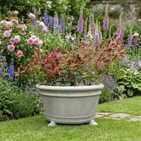 Stone garden vase on a lawn with roses and foxgloves