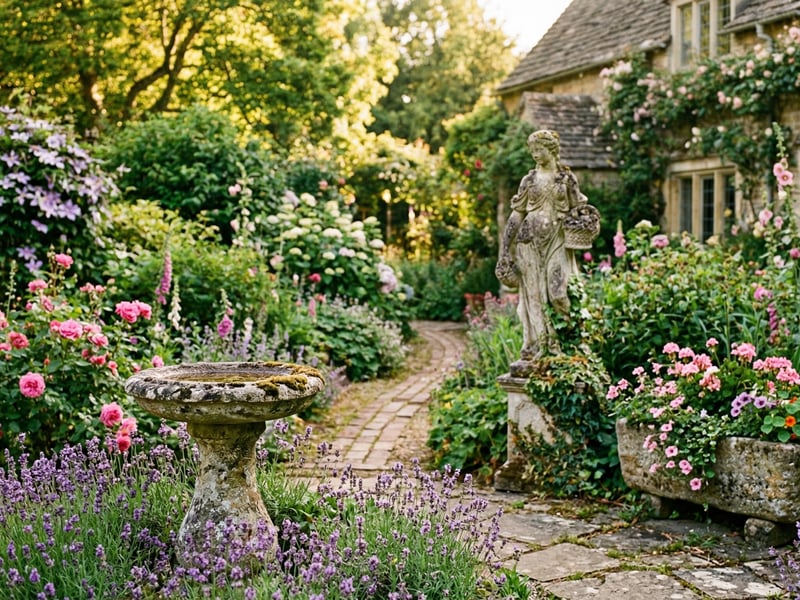 Stone garden ornaments in a beautiful English cottage garden with birdbath statue and planter among flowers