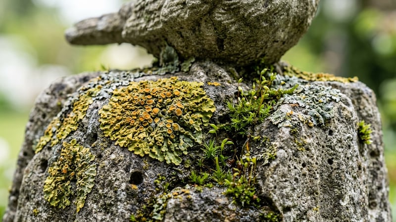 Close-up of natural lichen and moss colonies growing on the surface of a cast stone garden ornament