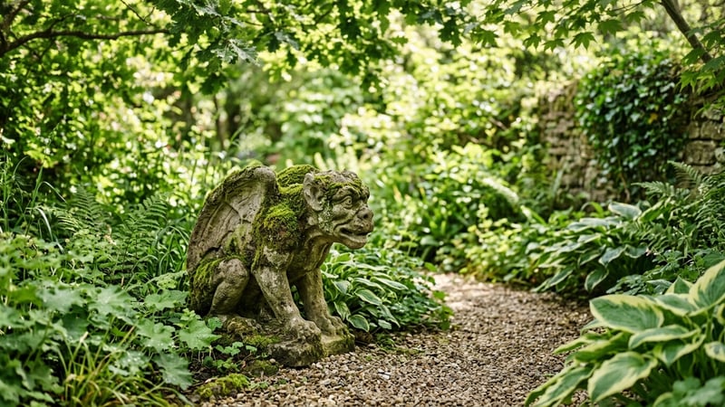 Stone garden ornament in dappled shade showing rich green moss growth on the north-facing side