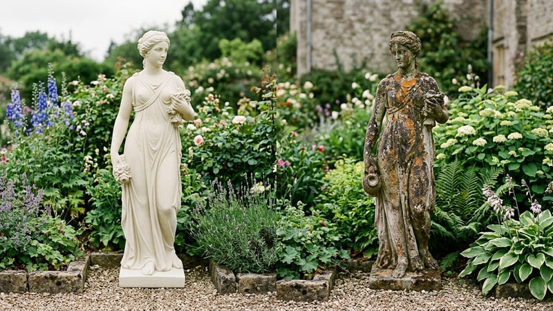 Comparison of a new white cast stone statue next to a beautifully aged weathered stone statue with natural patina