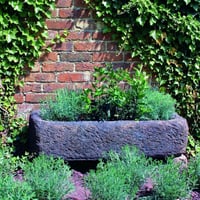 Stone planter trough against brick wall with ivy