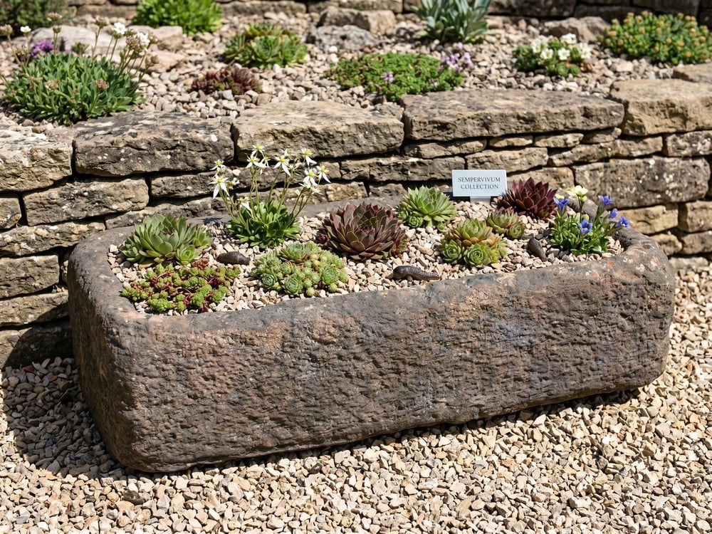 Weathered rustic stone trough planted with alpines including sempervivums, saxifrage and sedum in gritty topdressing against a stone wall