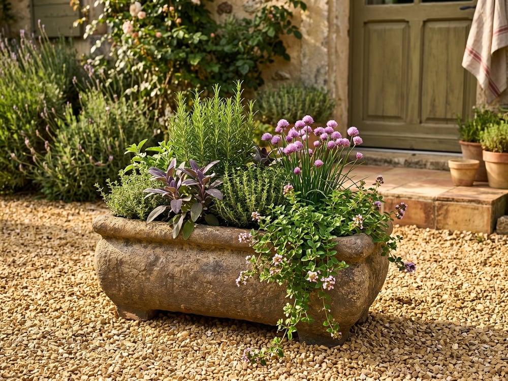 Rustic stone trough planted with summer herbs including rosemary, purple sage, thyme and flowering chives by a kitchen door