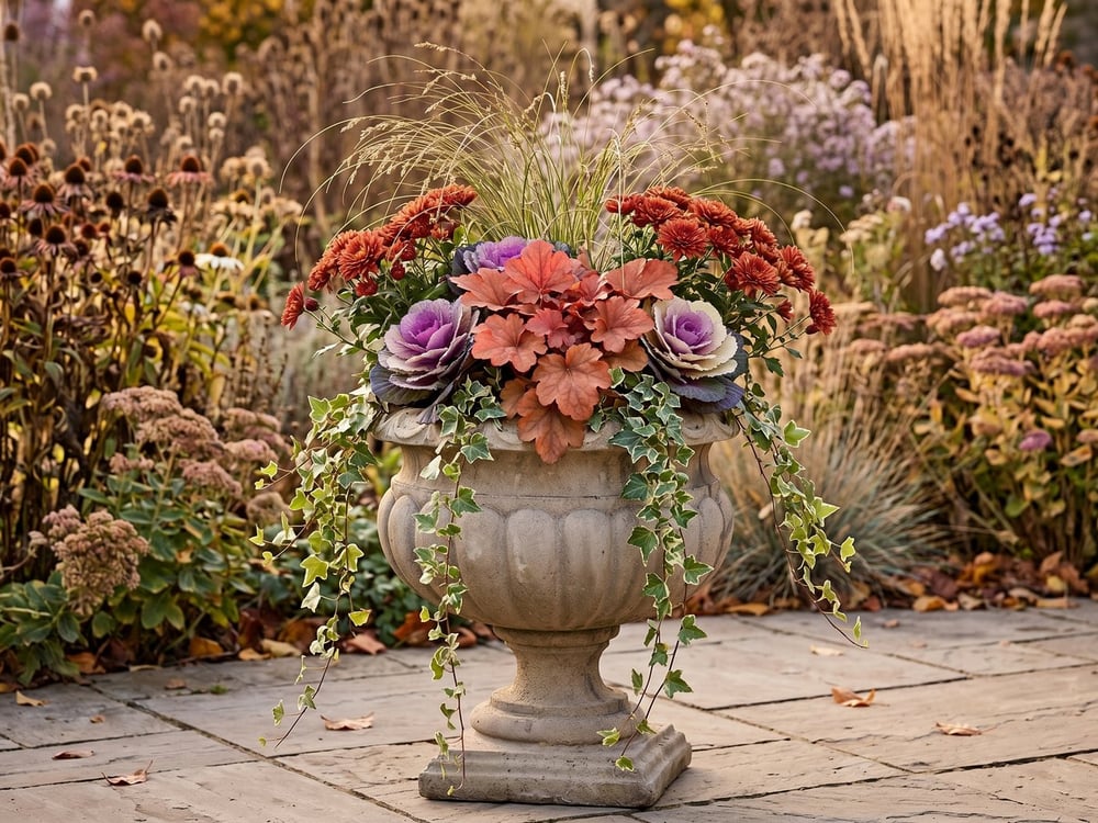 Fluted stone urn planted with an autumn display of coral heuchera, ornamental cabbages, rusty chrysanthemums, grasses and trailing ivy