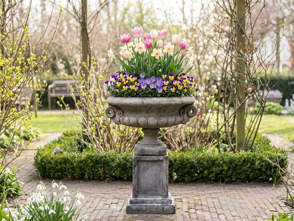 Stone pedestal tazza planted with pink and white tulips, cream narcissi and a skirt of purple and yellow violas in a spring garden