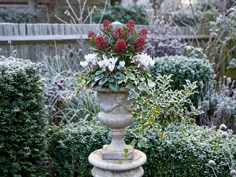 Stone scroll vase planted for winter with red-berried skimmia, white cyclamen and variegated trailing ivy among frosted evergreens