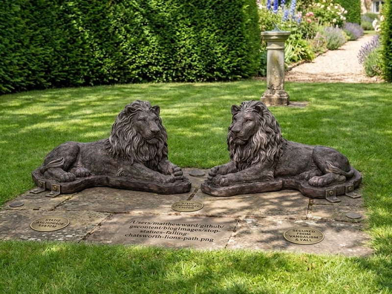 Chatsworth Lion stone statues pair flanking a garden path entrance