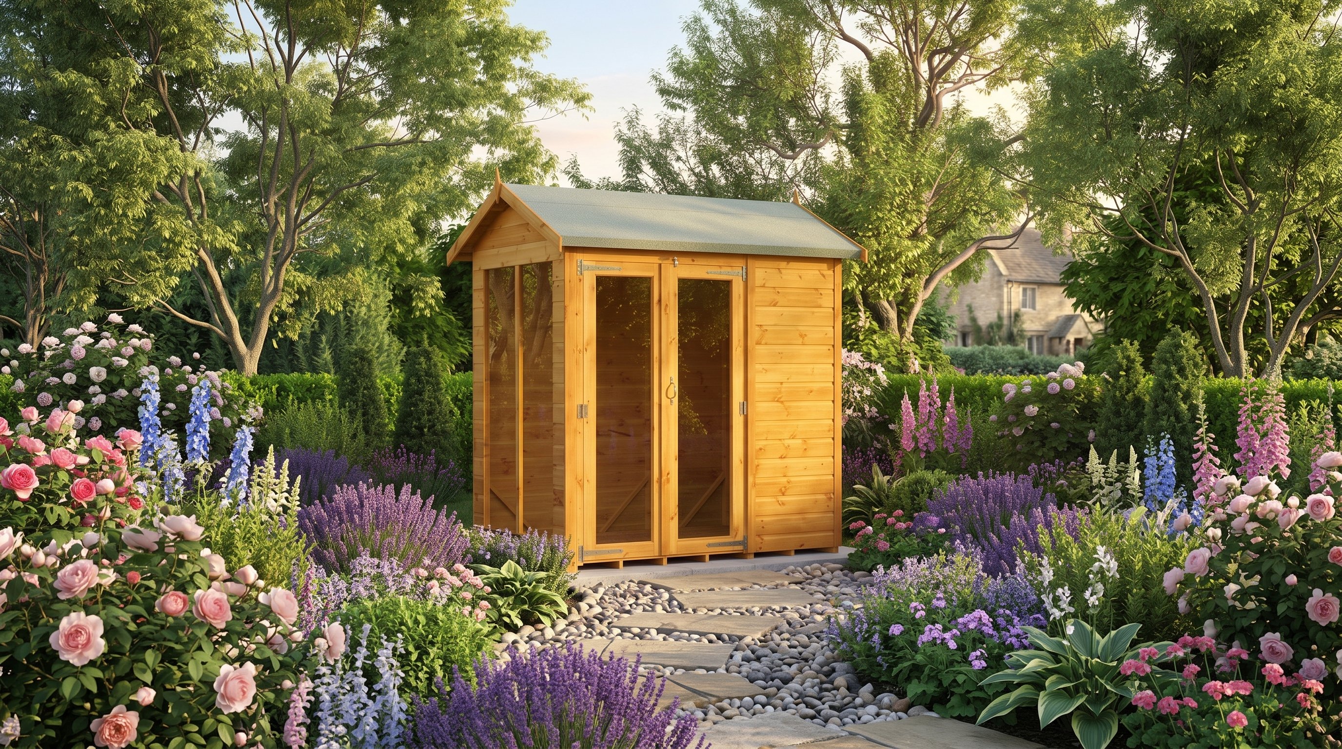Power 6x4 Apex Summerhouse raised above surrounding garden planting