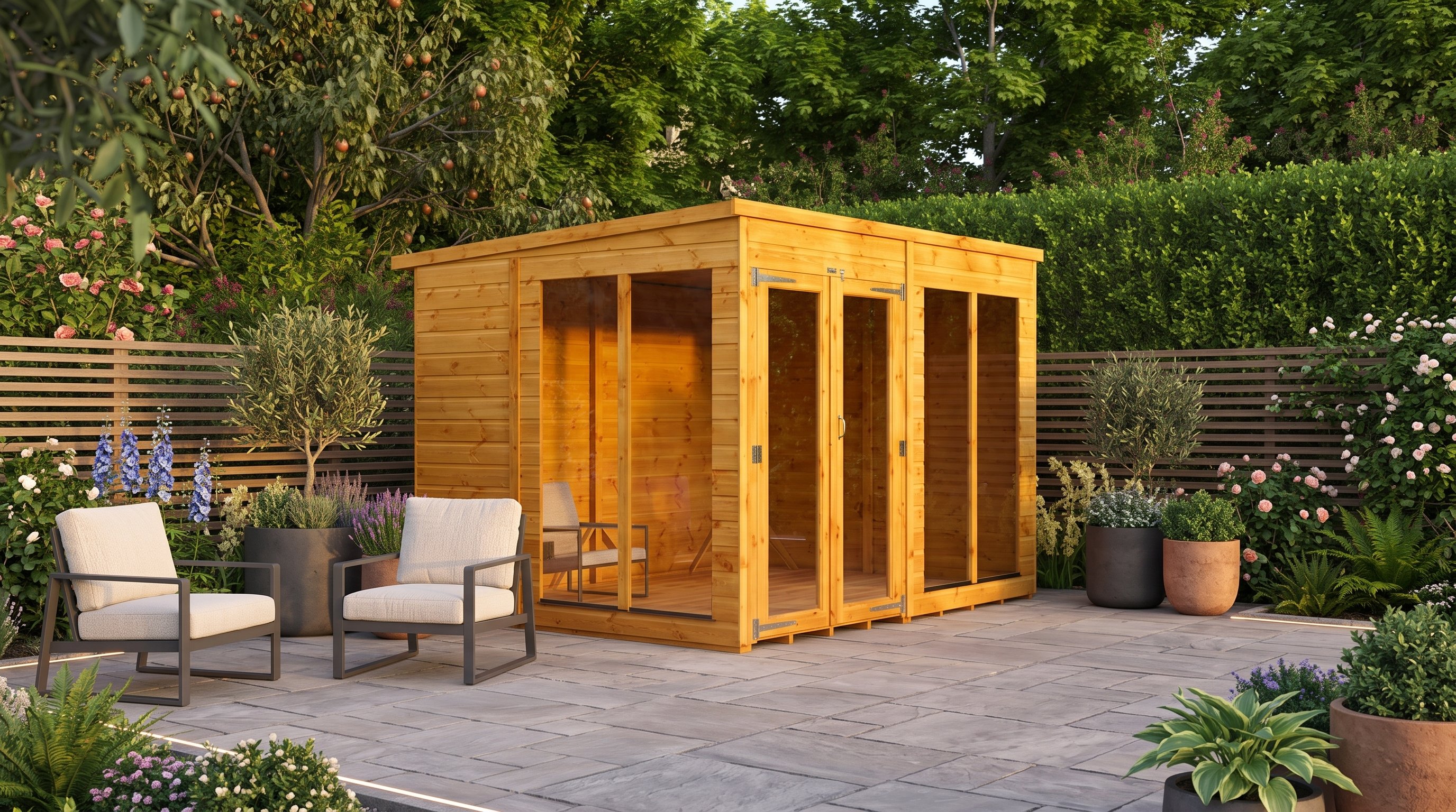 Power 8x6 Pent Summerhouse receiving light across its glazed front