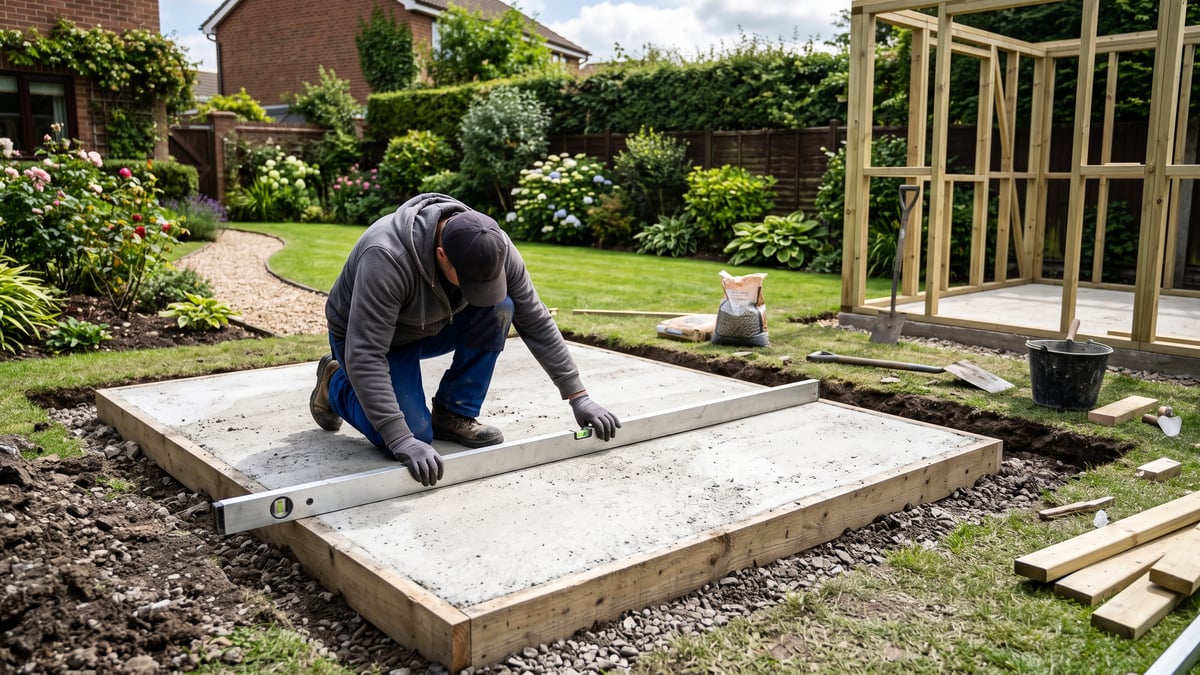 Level concrete garden building base being checked with a long spirit level