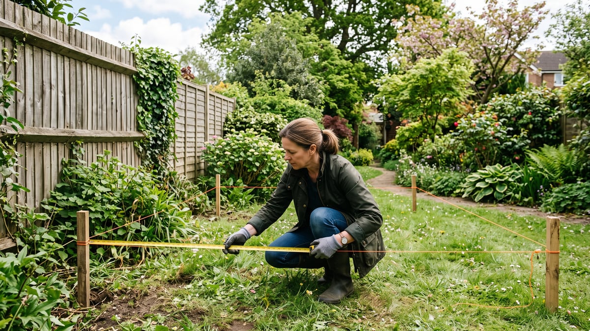 Homeowner measuring two metres from a timber garden fence before siting a summerhouse
