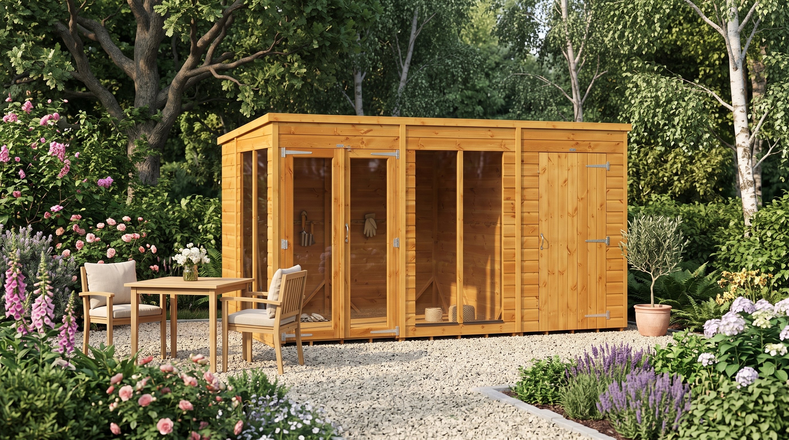 Power 12x6 Pent Summerhouse Combi in its finished garden position