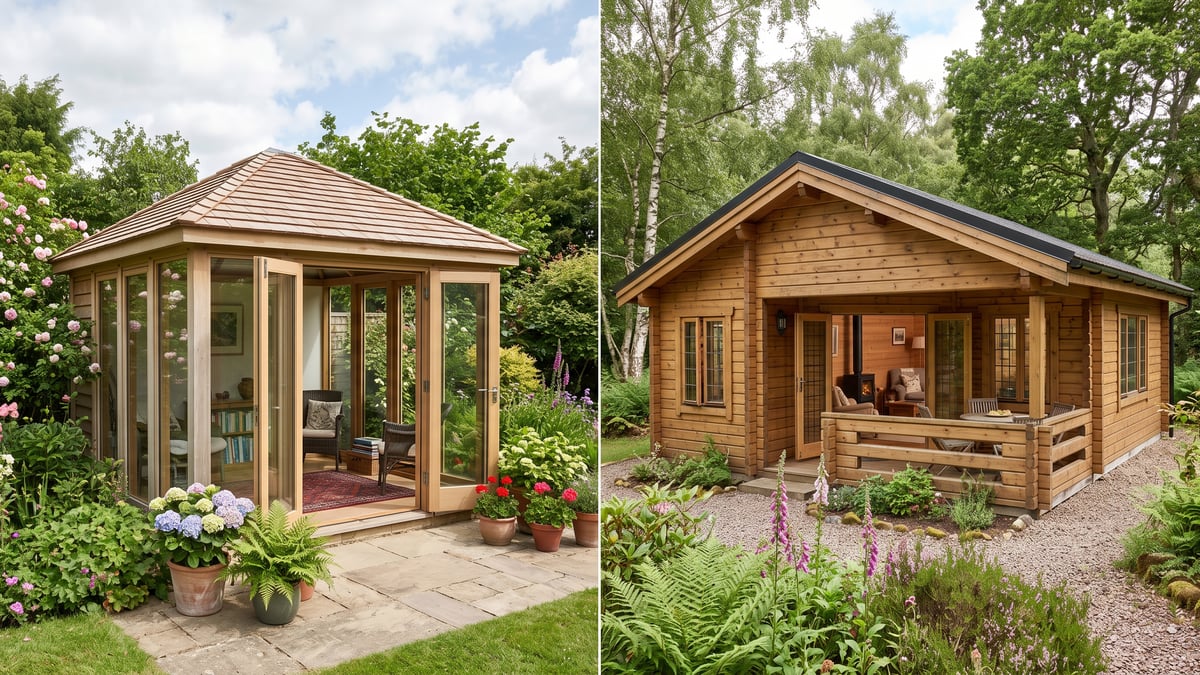 Editorial split view comparing a glazed summerhouse and a substantial timber log cabin