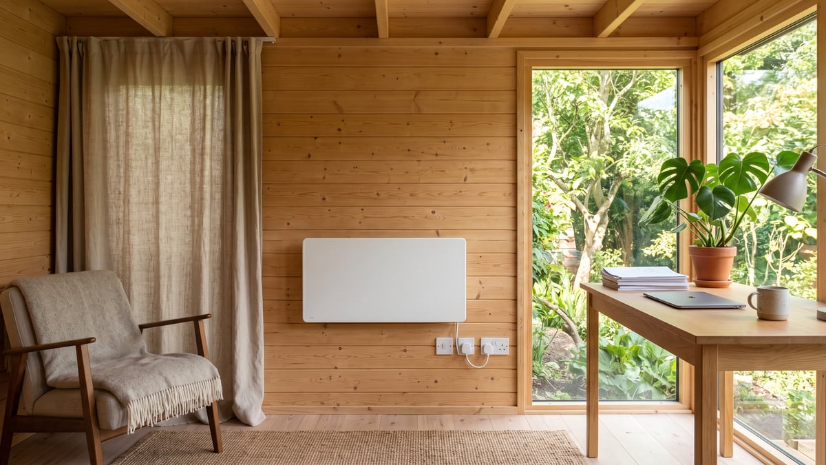 Safe wall mounted electric heater in an insulated timber summerhouse office