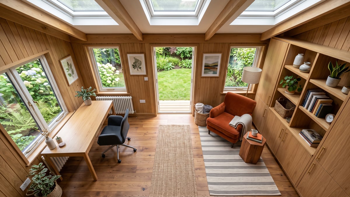 Overhead editorial view of a twelve by eight foot summerhouse office layout