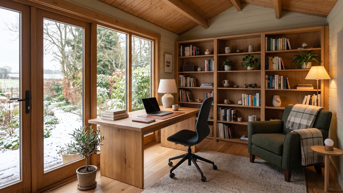 Warm timber garden office interior with desk, task chair and soft winter daylight