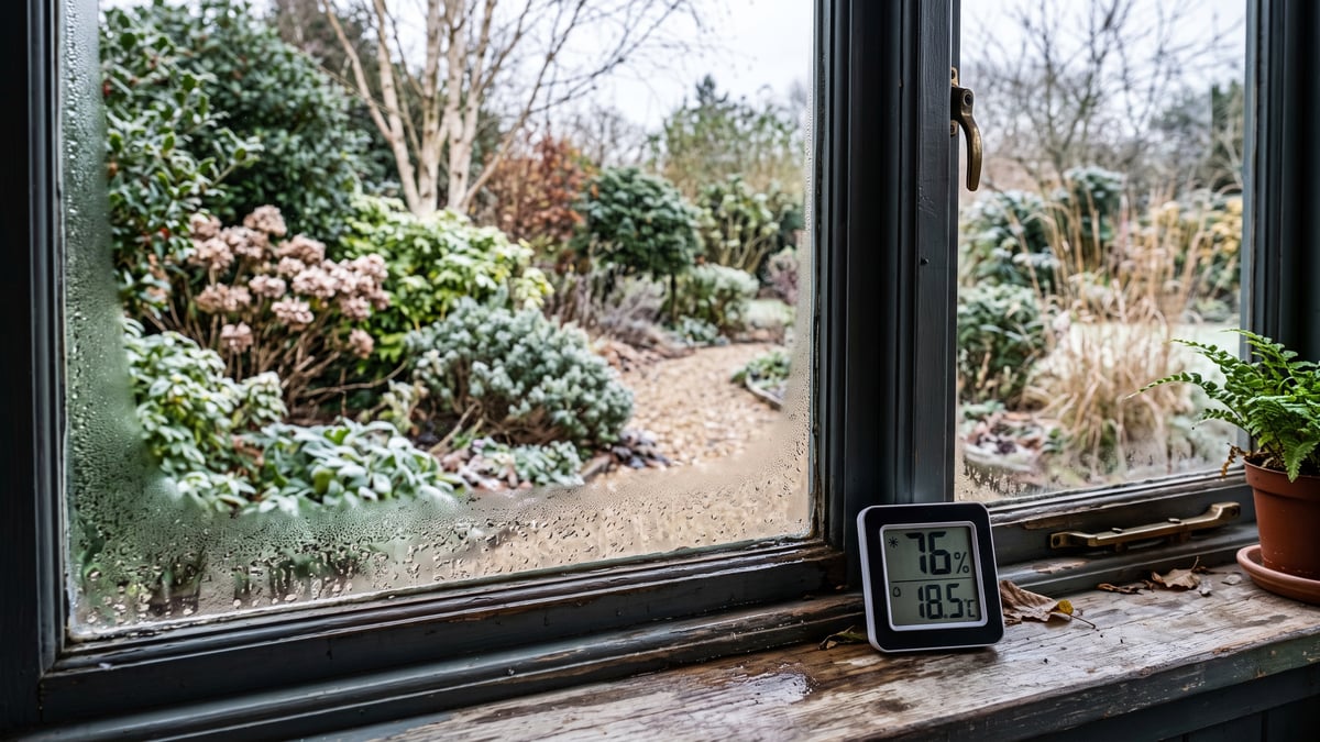 Close view of light condensation on a summerhouse window with a humidity meter nearby