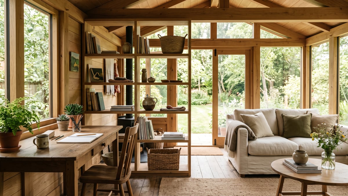 Stylish timber summerhouse with open shelving dividing work and relaxation zones