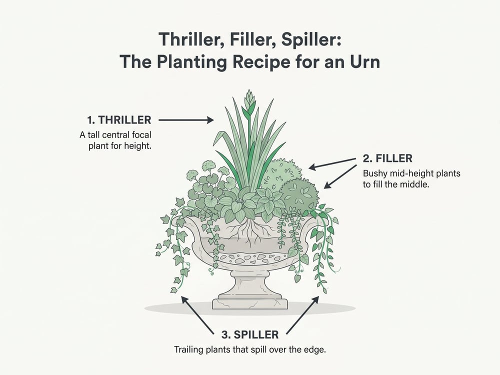 Diagram of the thriller, filler, spiller planting rule for a stone urn: tall central focal plant, bushy mid-height fillers, and trailing plants spilling over the rim