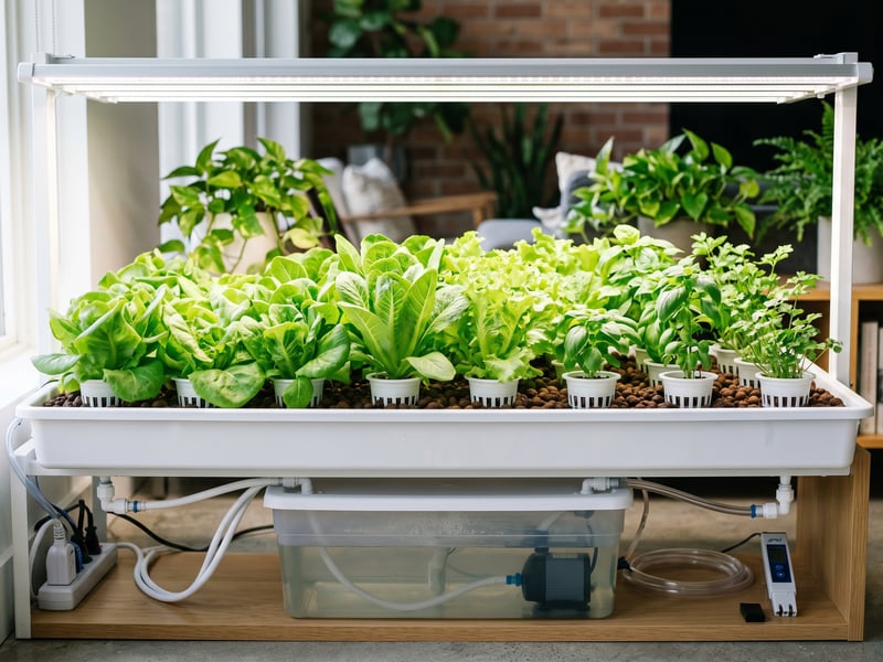 Indoor hydroponic ebb and flow tray growing leafy plants in net cups under an LED grow light