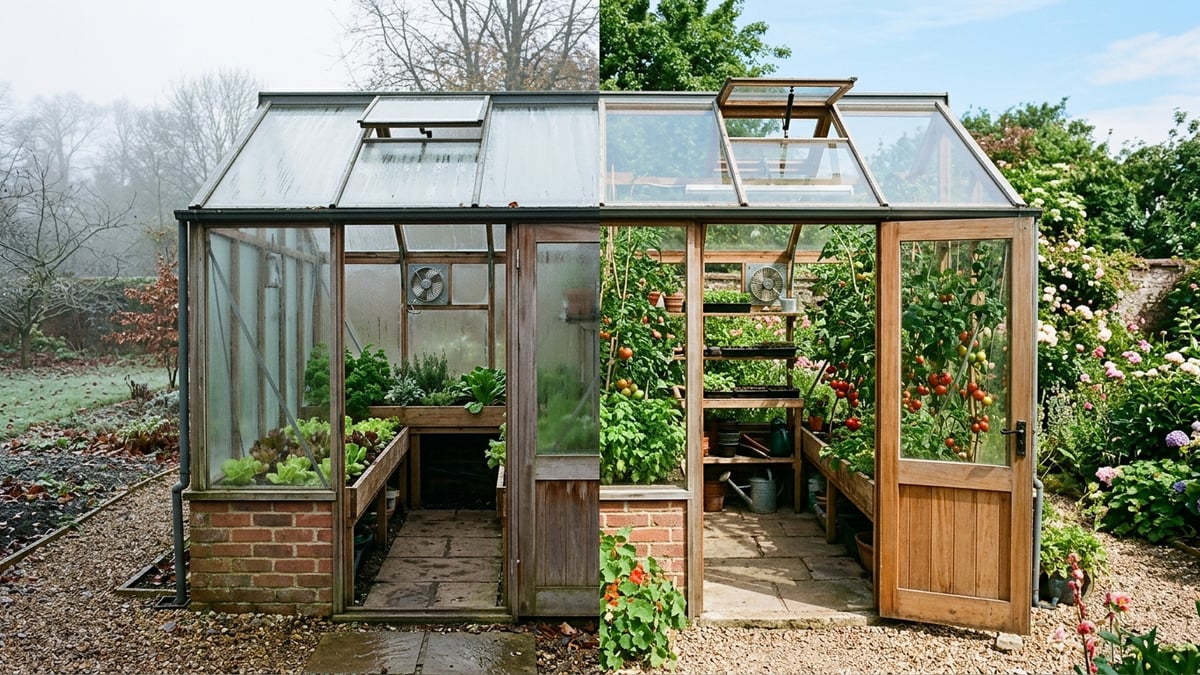 British greenhouse climate control in damp winter and warm summer