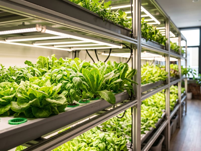 Multi-tier vertical grow rack with leafy greens growing on each level under LED bars indoors
