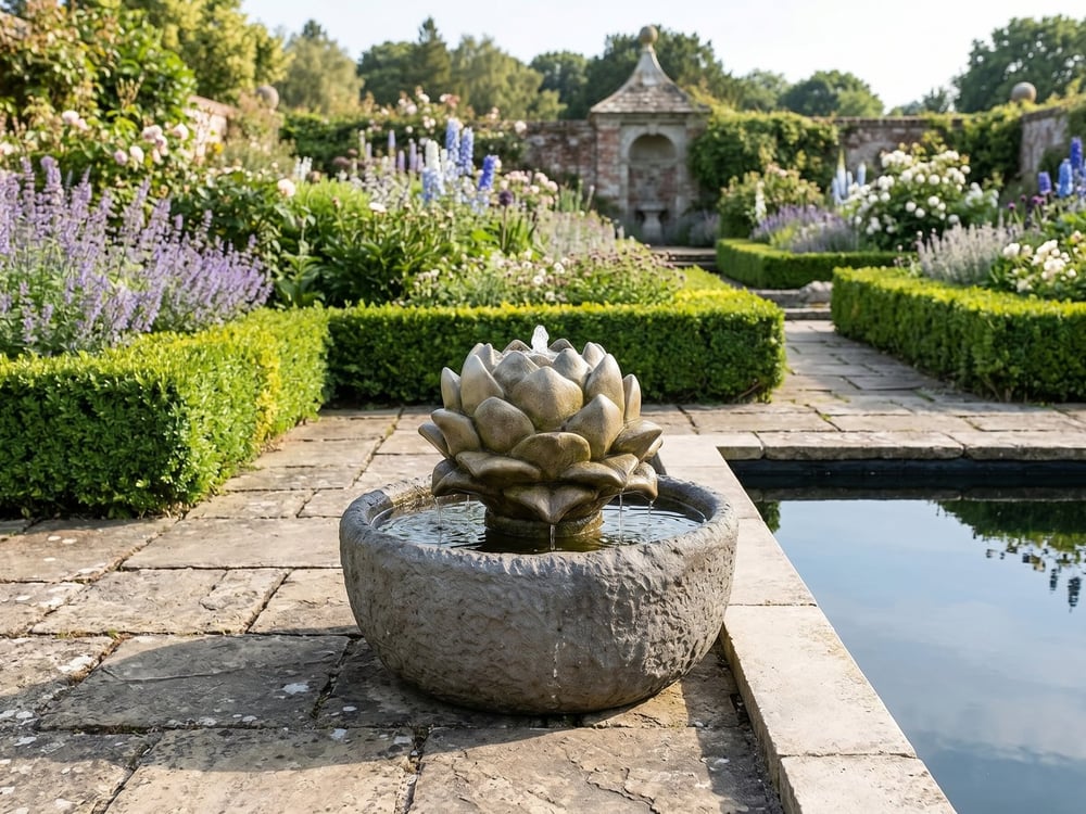 Carved stone artichoke fountain with clear water on a formal terrace beside a reflecting pool