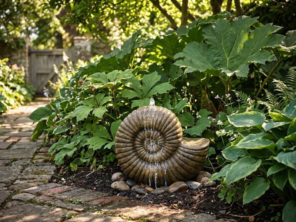 Ammonite stone fountain with clear water sheeting down its spiral face at the edge of a planted border