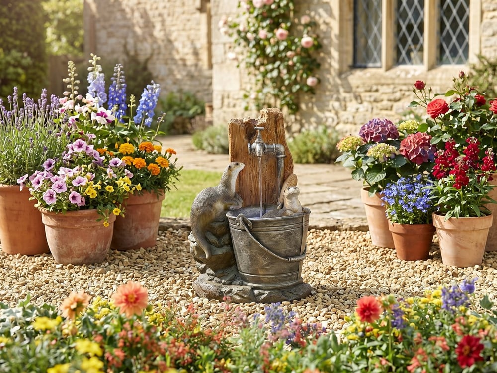 Bathing Otters self-contained water feature with clear water pouring into a bucket in a sunny cottage courtyard