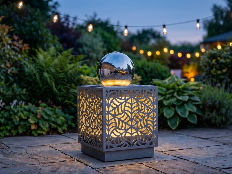 Stainless steel cascade water feature with a polished chrome sphere and LED lights running on a UK stone patio at dusk