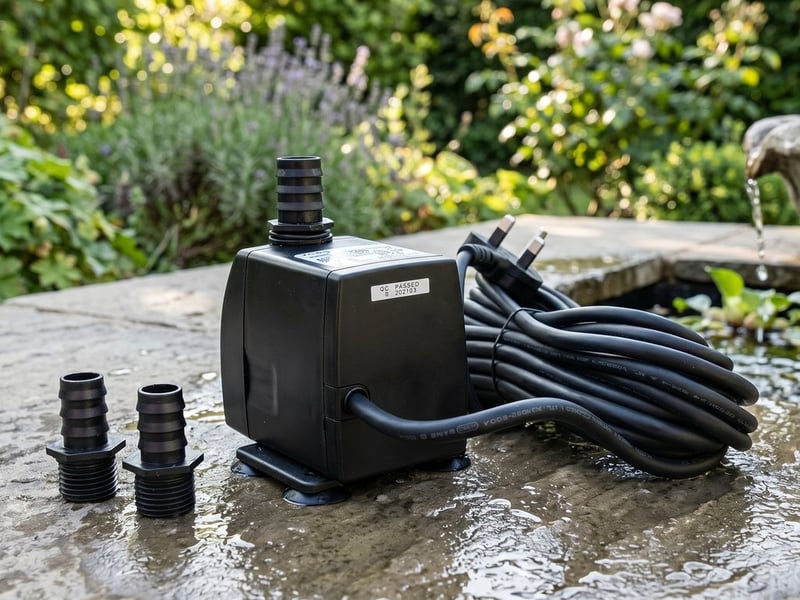 Black submersible garden water feature pump resting on a wet grey paving slab beside a feature in an English garden