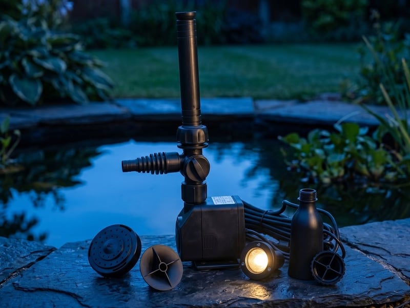 Garden water feature pump with an attached waterproof spot light glowing at twilight beside a pond edge