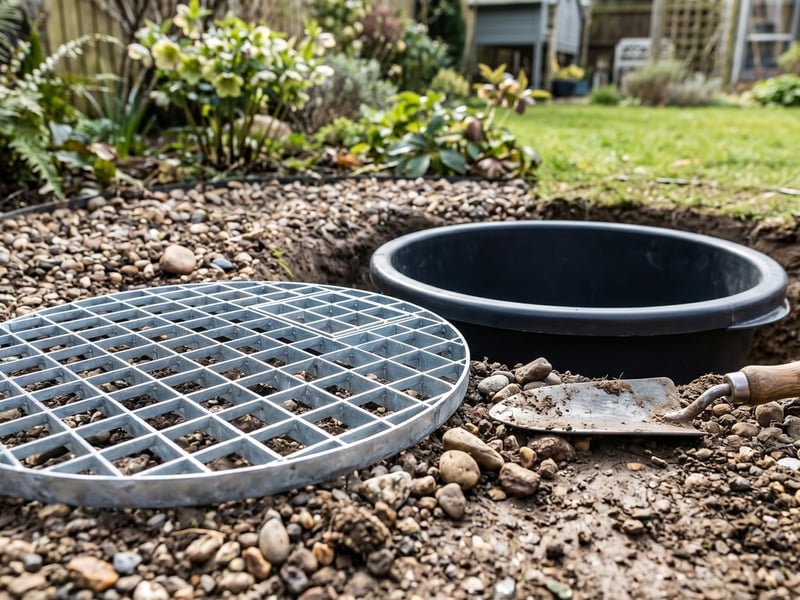 Black plastic water feature reservoir tank with a galvanised steel grid set into a gravel bed during installation
