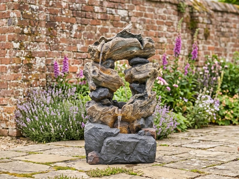 Forest Springs multi-level cascade water feature flowing against an old brick wall on a UK patio with cottage planting